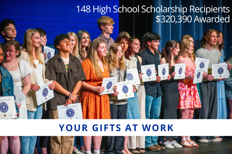 A group of students proudly displaying their scholarship certificates. Caption is "Your Gifts at Work" and "148 High School Scholarship Recipients, $320,390 Awarded"