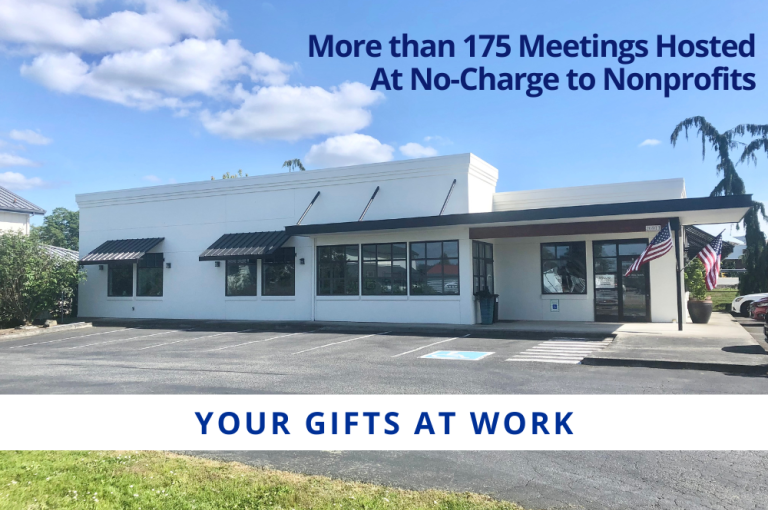 A photo of the SCAF Office Building on a beautiful blue sky. Caption says, "Your Gift at Work" and "More than 175 Meetings hosted No-Charge to Nonprofits"